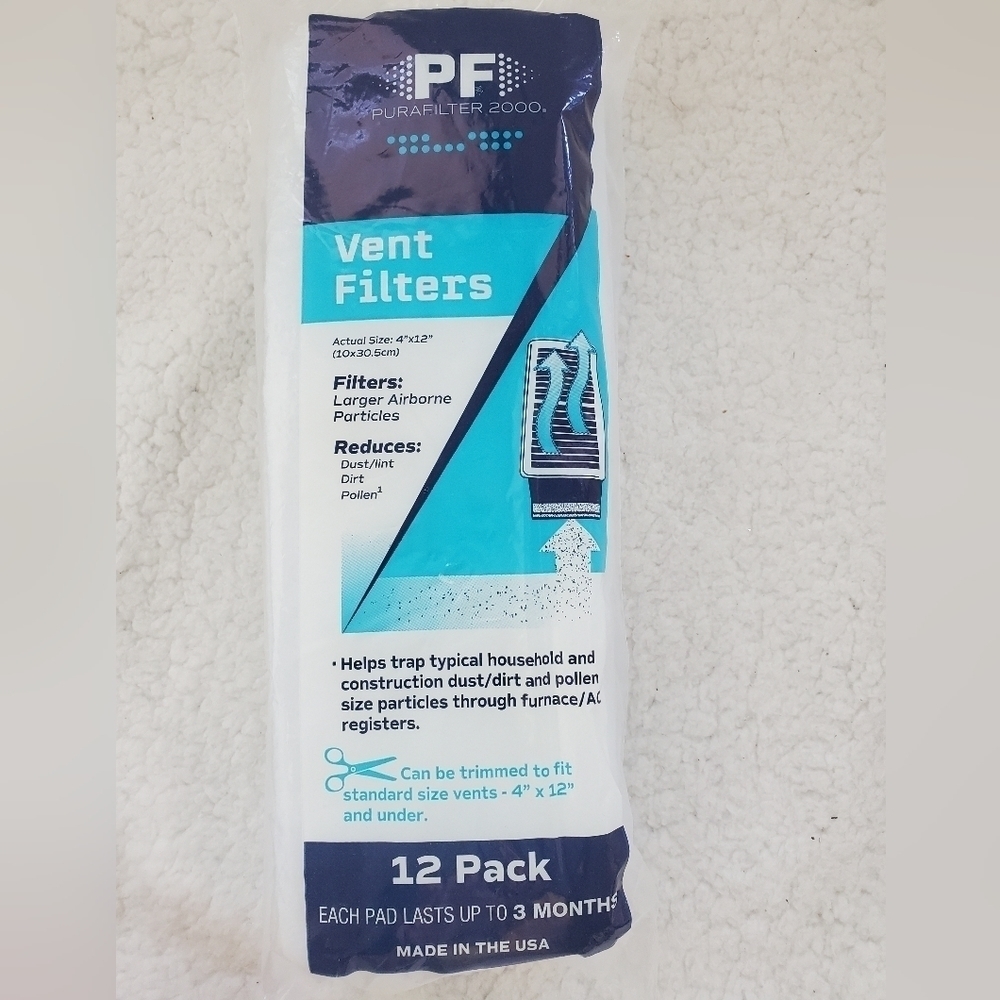 PF Purafilter 2000 Vent Filters Ceiling Floor Reduce Dust Lint Pollen 12 Pack.